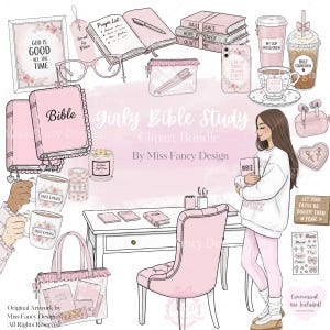Peut inclure: Un ensemble de cliparts numériques sur le thème du rose, comprenant une Bible, des tasses à café, des livres et de la papeterie. L'image comprend le texte "girly Bible Study" et "God is good all the time."