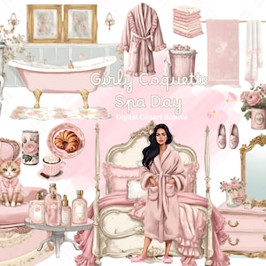 Journée spa coquette girly à la maison | Ensemble de cliparts shabby chic, douceur de vivre | 30 PNG 6 filles inclus, chaton mignon, scène de baignoire vintage, fleurs et peignoir