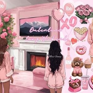 Galentine Wochenende Clipart Bundle| 21 Galentinte Clipart|Inklusive 1 Zimmer Bonus Szene, 4 Mädchen, Kamin, Schokolade, Girly, Luftballons|PNG