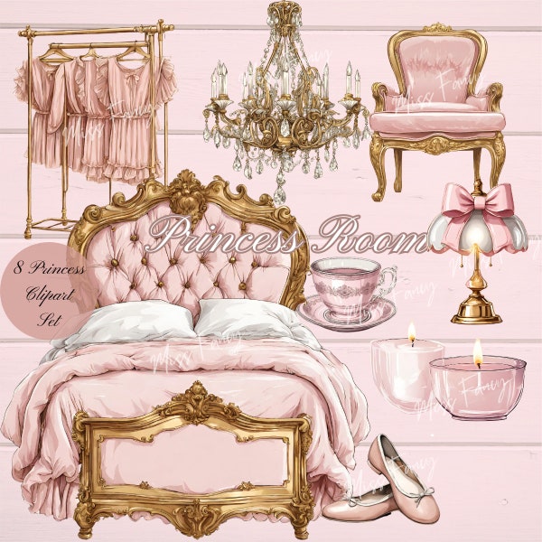 Princess Room|Pink Girly|Royal Gold Bedroom Clipart Set 8 High quality cliparts| Vintage,Shabby chic |Dream room transparent background