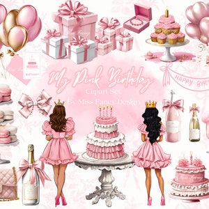 Verjaardag clipartset|Roze girly verjaardagsviering|Verjaardagstaart, macarons roze pictogrammen, rozen, inclusief zes jarige meisjes 25 png's