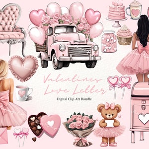 Paquete de 20 imágenes prediseñadas digitales con letras de amor de San Valentín en color rosa: 4 niñas, oso, rosas, chocolate, cupcakes, ilustración de moda, femenina, planificador y café