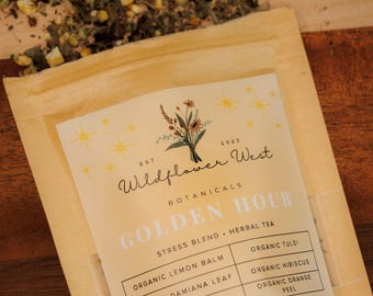Golden Hour Organic Herbal Tea Blend | Calming Stress Relief with Lemon Balm, Tulsi, Chamomile