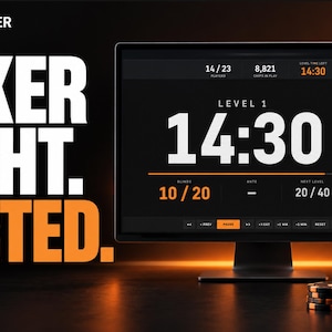 May include: A computer monitor displaying a Poker Manager interface with a timer set to 14:30, level 1, and blinds at 10/20. The screen shows tournament statistics, while stacks of black and orange poker chips sit in the foreground. Text reads POKER NIGHT. SORTED. and pokermanager.me.