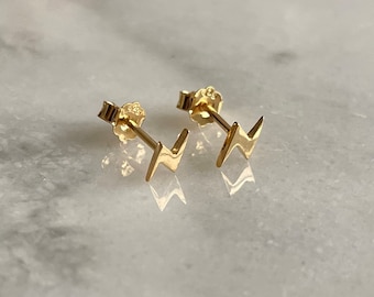 Puede incluir: Un par de pendientes de botón de rayo de oro. Los pendientes son pequeños y delicados, y serían un gran regalo para alguien que ama la moda.