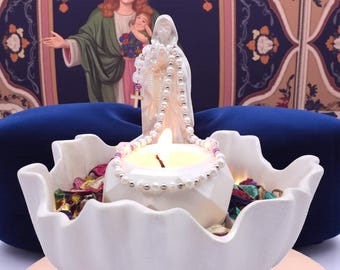 Virgin Mary Statue and Candle Holder, Holy Icon, Christian Rosary, Meditative Decor