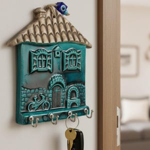 Sleutelhouder met boze oogkraal: handgeschilderde turkoois keramieken sleutelhanger