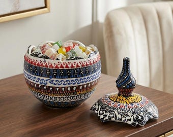 Sugar Bowl With Lid, Hand-Painted Ceramic Retro Tile Design