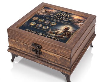 Wooden Keepsake Box, Christian Rosary Holder With Seven Churches Artwork