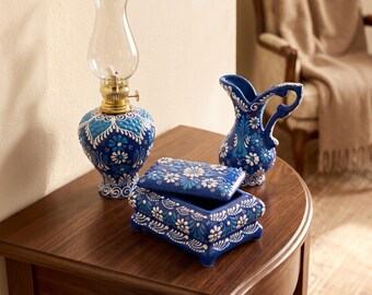 Blue White Ceramics, Patterned Jewelry Box, Duck-Billed Vase Set