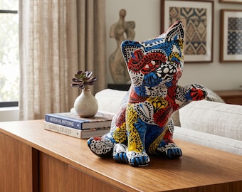 Ceramic Sculpture, Hand-Painted Cat with Colorful Mandala Design