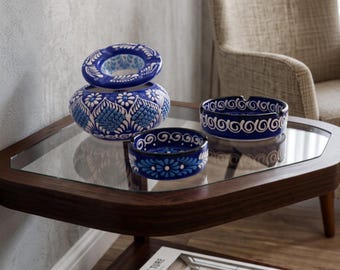 Ceramic Ashtray, Blue-and-White Glazed Set with Hand-Painted Florals