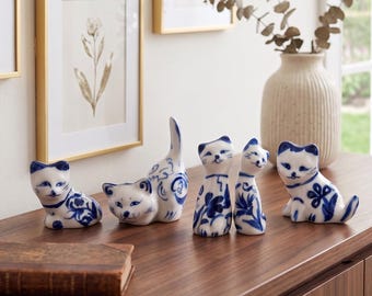 Hand Painted Cat Figurines, Blue White Glazed Ceramic Set