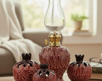 Candle Holder Set, Burgundy Gas Lamp with Ceramic Pomegranates