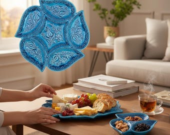 Breakfast Plate, Blue Hand-Painted Ceramic Multi-Section Serving Tray