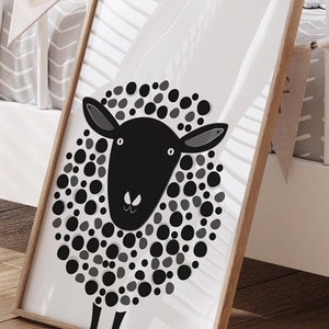 Decoração de berçário com estampa de ovelha preta e branca para download instantâneo