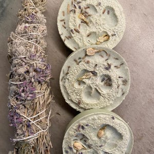 Può includere: Un fascio di salvia essiccata con fiori viola e tre saponi rotondi verde chiaro. I saponi hanno una superficie strutturata con fiori e semi secchi incorporati. Gli articoli sono disposti su una superficie dai toni neutri.