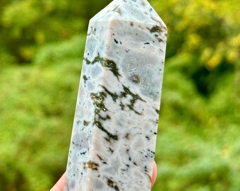 Orbicular Ocean Jasper Tower, Madagascar Crystal, Forest Green Druzy