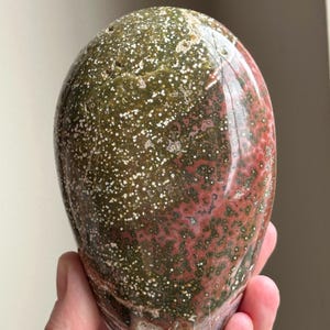 Earthy Multicolored Orbicular Ocean Jasper Polished Freeform Carving, Vibrant Green & Purple Sea Jasper Polished Freeform from Madagascar