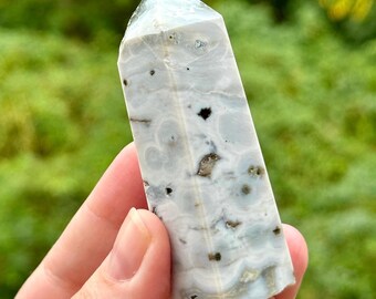 Orbicular Ocean Jasper Tower, Light Blue and White, Madagascar Crystal