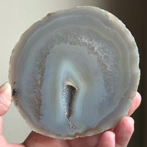 Thick Banded Brazilian Agate Slab with Dendritic Inclusions, Druzy Blue Agate Round Geode Slice