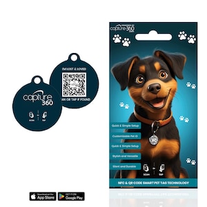 Puede incluir: Una etiqueta para mascotas azul y blanca con un código QR y el texto "Estoy perdido y amado. Escanea o toca si me encuentras." La etiqueta está alimentada por Capture 360. La imagen también muestra un perro de dibujos animados con una etiqueta similar.