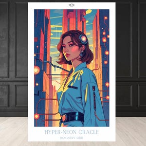 Peut inclure: Impression d'art numérique représentant une femme dans un cadre futuriste. Elle porte une veste bleue et a les cheveux bruns courts. Le fond représente une ville avec des néons. Le texte en bas dit "HYPER-NEON ORACLE IMAGINERY SERIE".