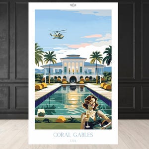 May include: A colorful art print depicting a luxurious estate with a pool, palm trees, and a helicopter. The print features a woman holding a champagne glass. Text at the bottom reads "CORAL GABLES USA".