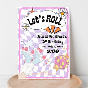 Let’s Roll Birthday Invitation – Retro Roller Skate Party Invite – Editable Canva Template – Girl Printable Disco Theme – 10th Birthday