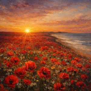 May include: An oil painting depicting a vast field of vibrant red poppies stretching toward a calm ocean under a sunset sky. The sun glows on the horizon, casting warm orange and purple light across the clouds and the dense carpet of flowers.