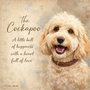Puede incluir: Un perro Cockapoo sonriente con pelaje marrón claro, que lleva un collar marrón con un dije de corazón dorado. La imagen incluye el texto "The Cockapoo, A little ball of happiness with a heart full of love."