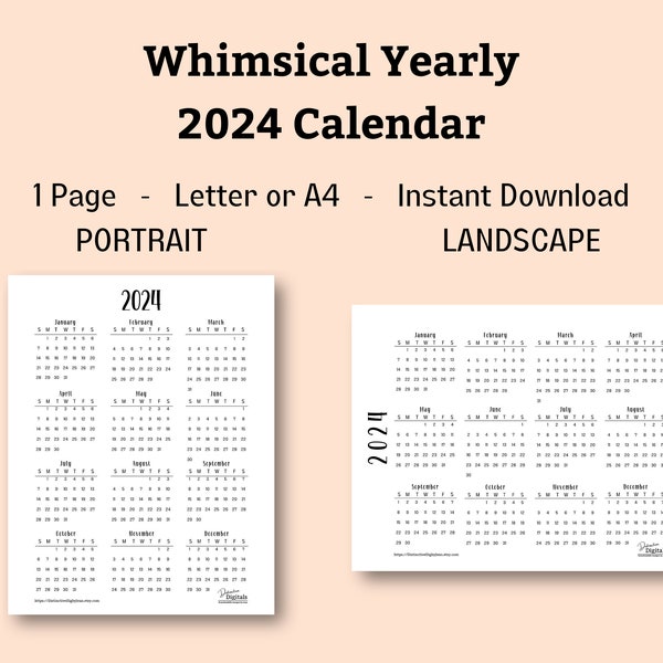 2024 Year at a Glance Printable Calendar. Easy to read 1-page whimsical design in portrait or landscape. Perfect for work, school or home.