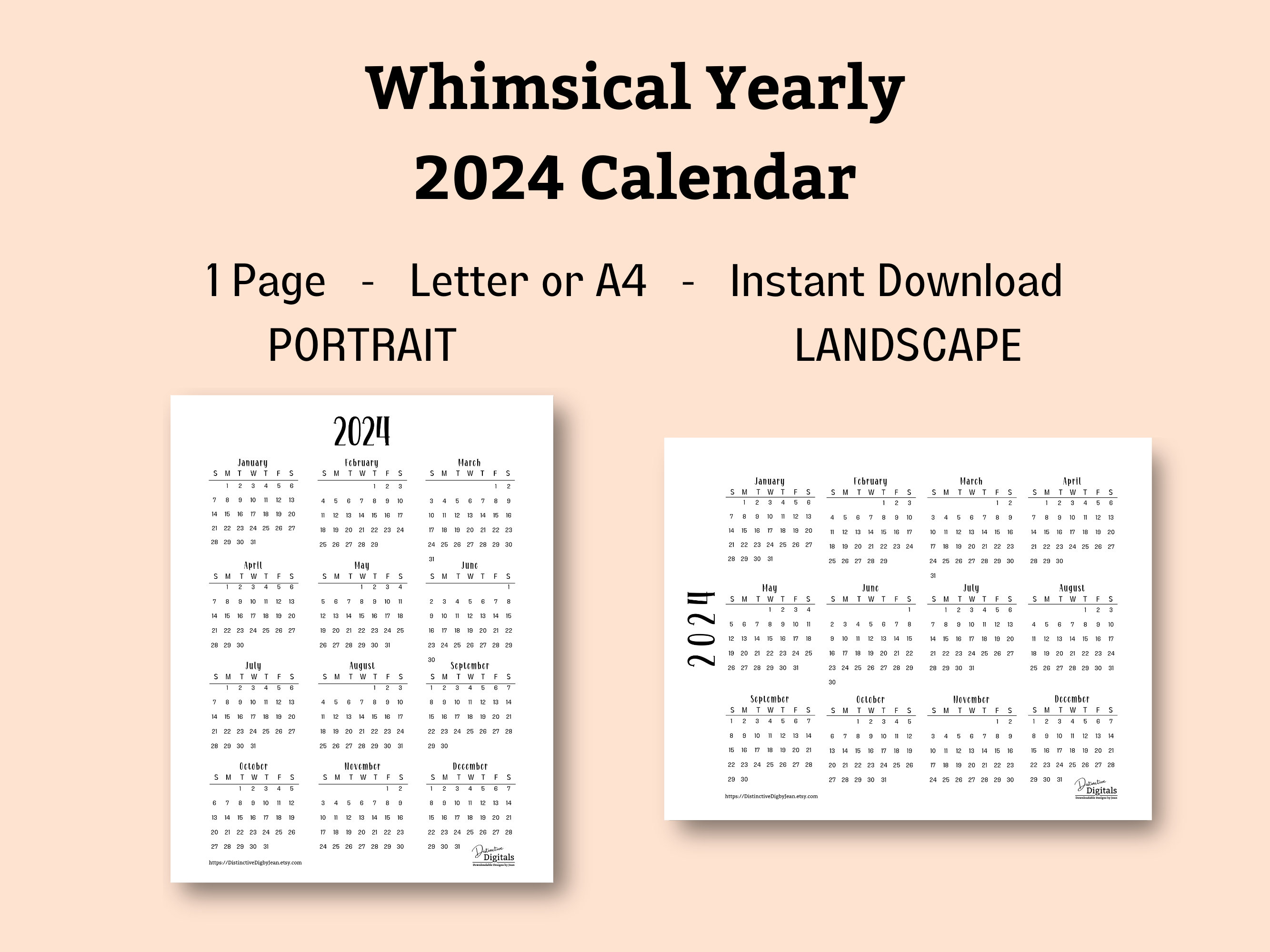 2024 Year at a Glance Printable Calendar Easy to Read 1 page Whimsical