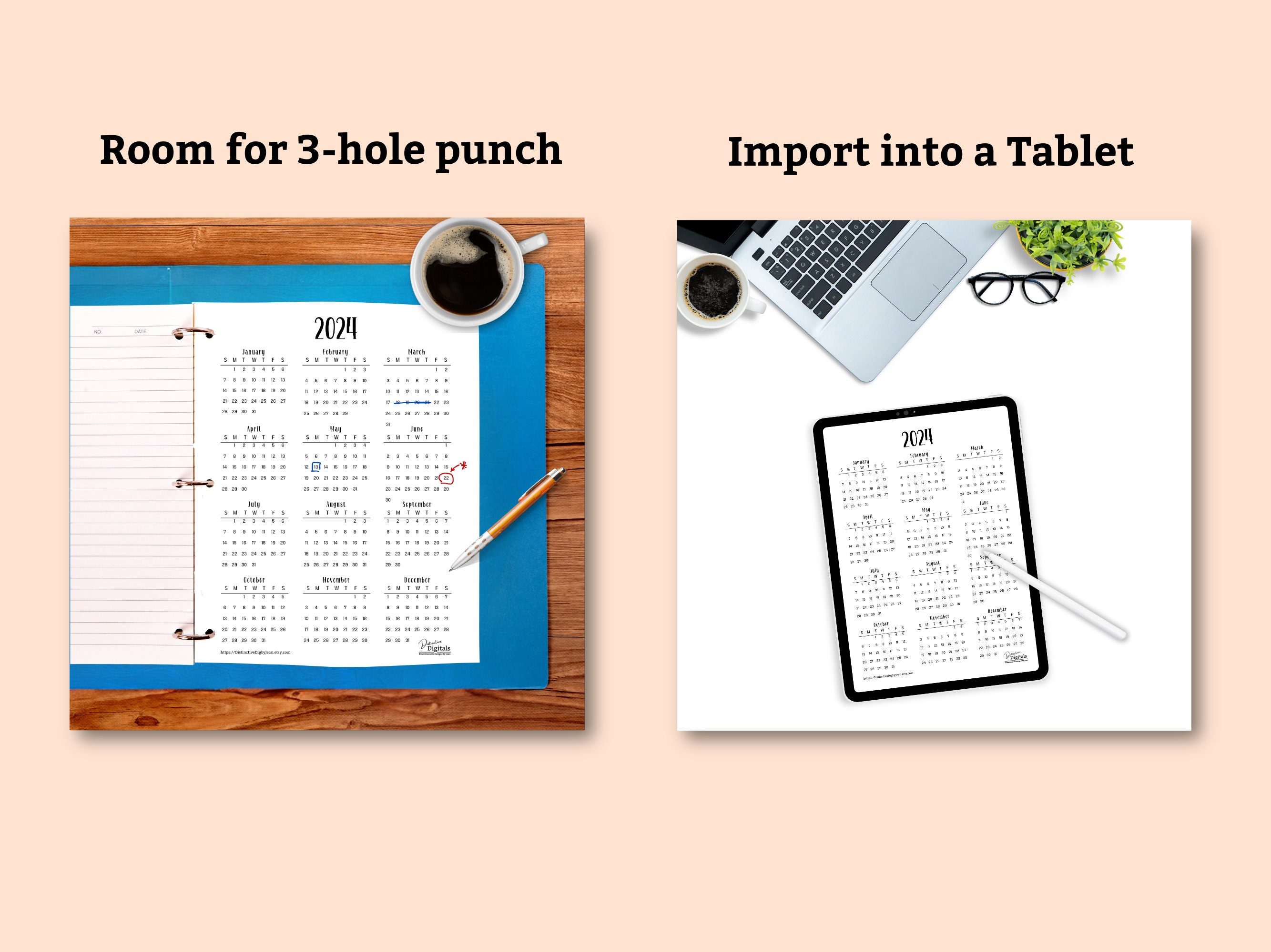 2024 Year at a Glance Printable Calendar Easy to Read 1 page Whimsical