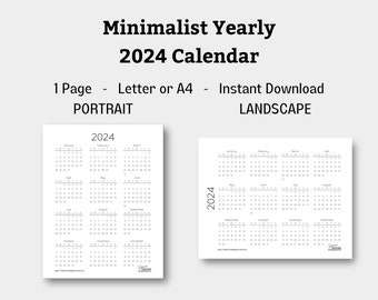 2024 Year at a Glance Printable Calendar. Easy to read 1-page minimalist design in portrait or landscape. Perfect for work, school or home.