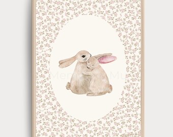 Ditsy Floral Bunny Nursery Print • Vintage Storybook Wall Art