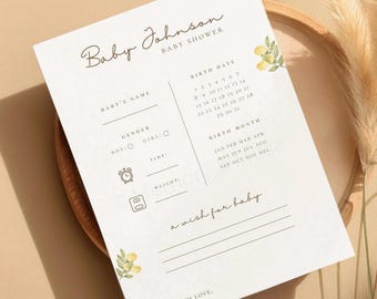 Luxury Personalised Baby Shower Prediction Card • Lemon Theme