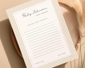 Luxury Personalised Baby Shower Advice For Parents Card • Warm Sand Pinstripe