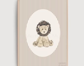 Neutral Lion Cub Print • Taupe Stripe Baby Wall Art