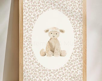 Ditsy Floral Lamb Nursery Print • Vintage Storybook Wall Art