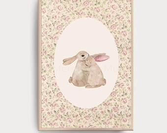 Lámina infantil vintage con diseño floral de conejito • Ilustración de cuento para pared