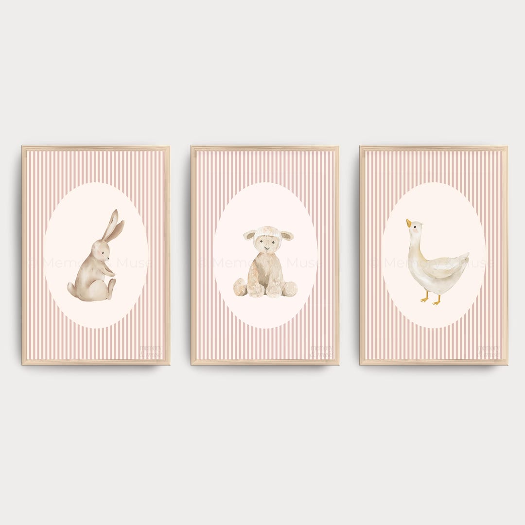 Farm Animal Nursery Print Set • Lamb, Goose & Bunny • Soft Pink ...