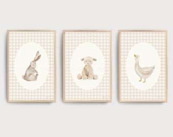 Neutral Gingham Nursery Prints Set of 3 • Farm Animals • Lamb Bunny Goose Wall Art