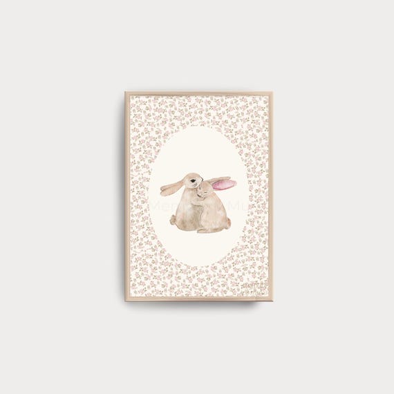 Ditsy Floral Bunny Nursery Print • Vintage Storybook Wall Art