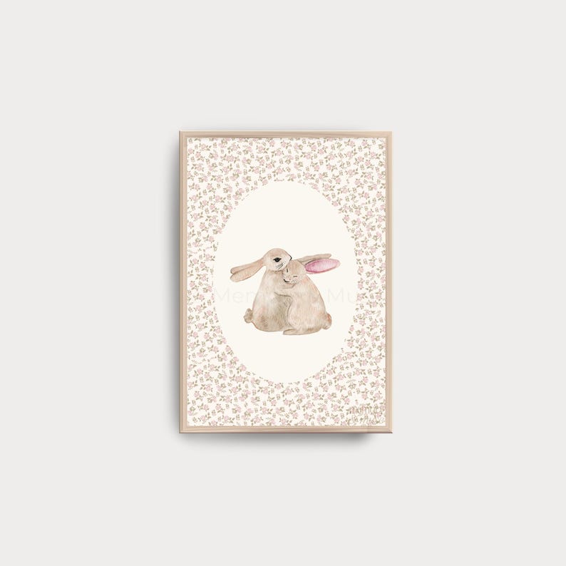 Ditsy Floral Bunny Nursery Print • Vintage Storybook Wall Art image 1