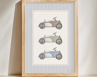 Quadro de parede com carro clássico antigo para quarto de bebê • Arte de parede com fundo listrado