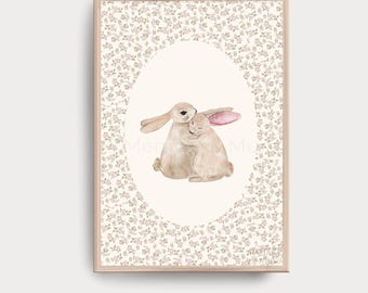 Lámina infantil con conejito y estampado floral • Decoración de pared estilo cuento de hadas vintage