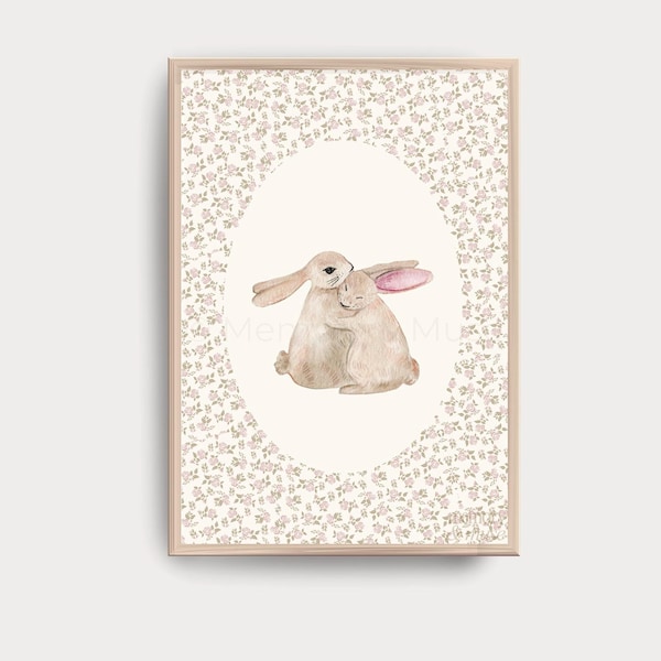 Kinderkamerprint met ditsy bloemenkonijntje • Vintage verhalenboekmuurkunst