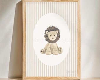 Lion Cub Nursery Print • Beige Striped Wall Art