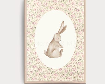 Lámina infantil vintage con diseño floral de conejito • Decoración de pared con temática de cuento de hadas del bosque